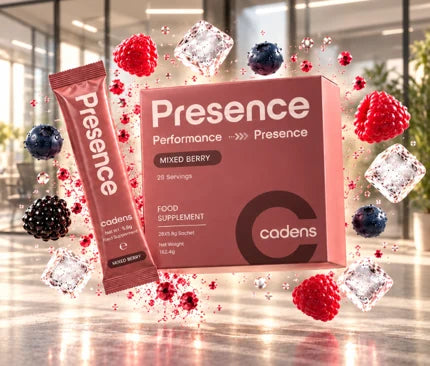 PRESENCE rose box and sachet surrounded by mixed berries and ice in a bright office